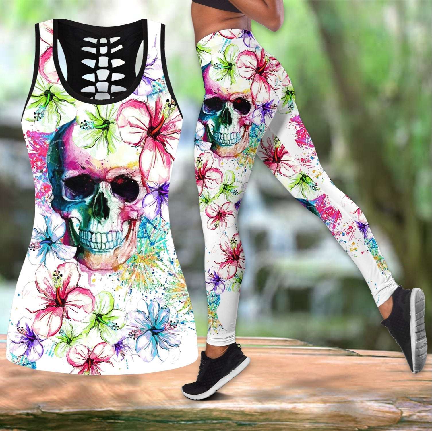 Generic Skull Combo Hollow Tank And Legging Outfit Print Yoga Set  Sleeveless Vest 6 Styles Summer Outfits For Women Plus Size Xs-8xl